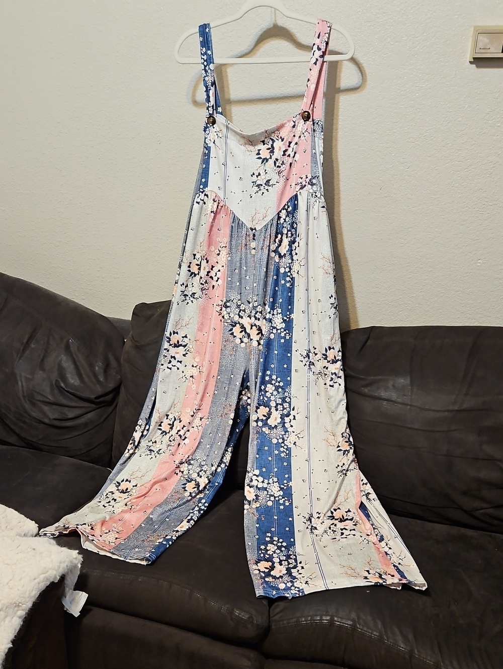 Striped Floral Wide-Leg Romper in Pink, Blue & Gray